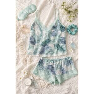 NWT In Bloom by Jonquil Women's Lace Cami & Shorts Pajama Set Aqua Palm Size XL